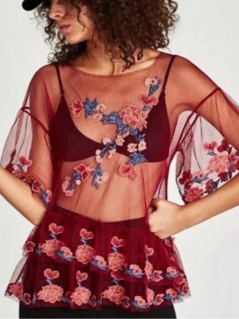 Zara Sheer Floral Embroidered Mesh Top in Burgundy with Pink & Blue Accents
